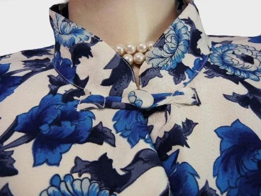 * LUSCIOUS MARGUERITE LI BLUE & WHITE FLORAL SILK DRESS