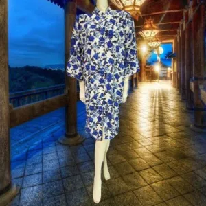 * LUSCIOUS MARGUERITE LI BLUE & WHITE FLORAL SILK DRESS