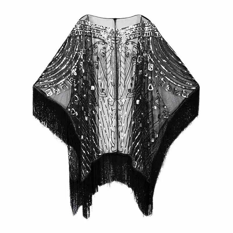1920s Sequin Beaded Shawl Wraps Fringed Evening Cape Scarf for Wedding