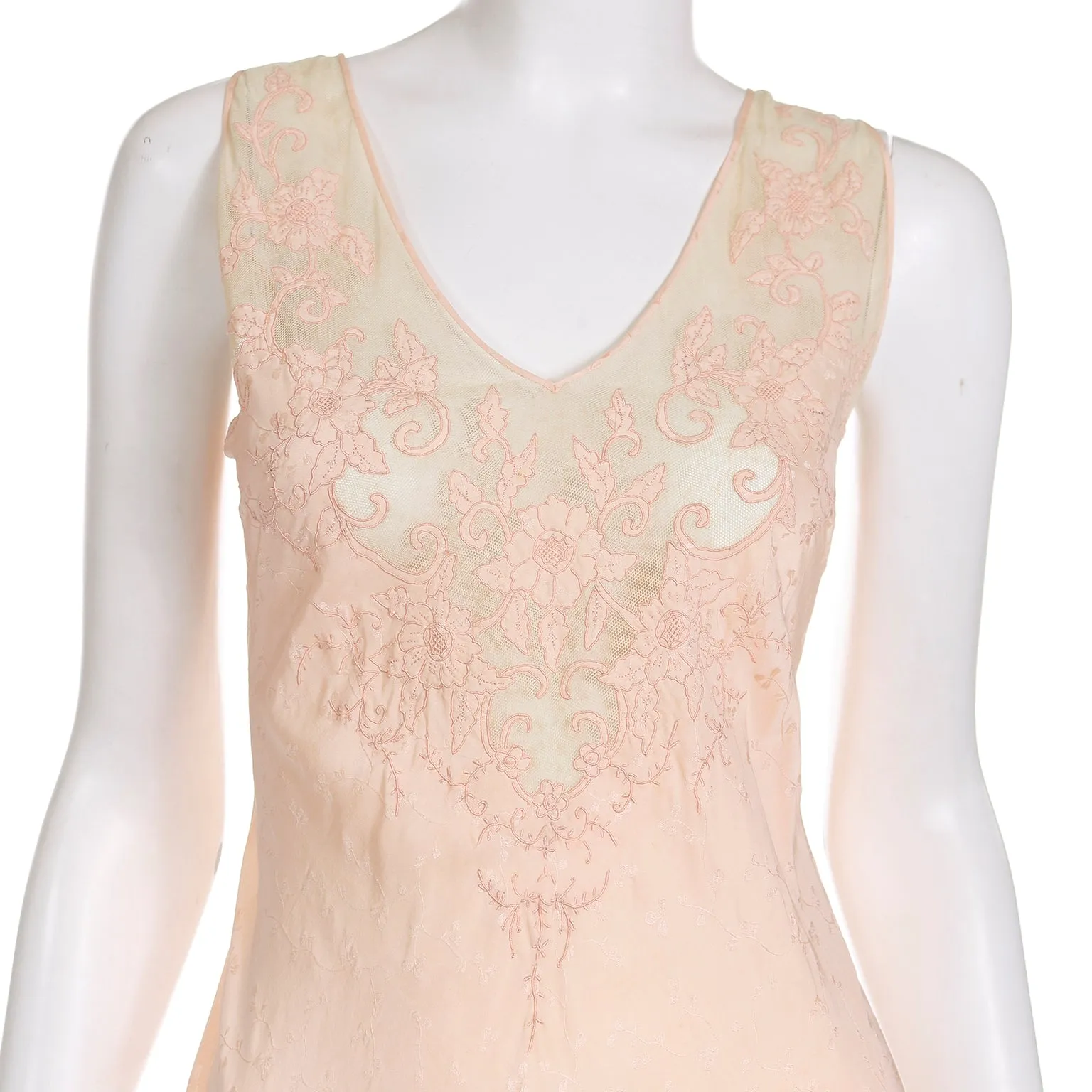 1930s Pink Silk Embroidered Vintage Nightgown W Net & Applique