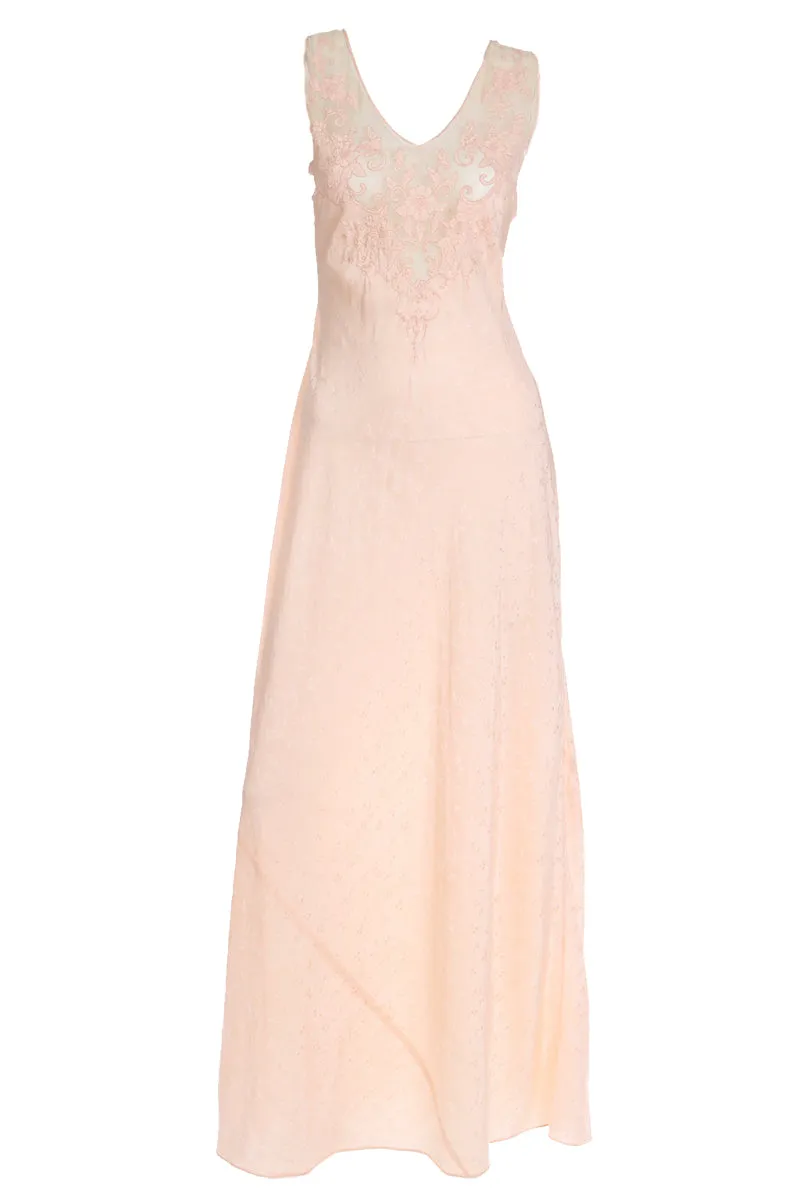1930s Pink Silk Embroidered Vintage Nightgown W Net & Applique