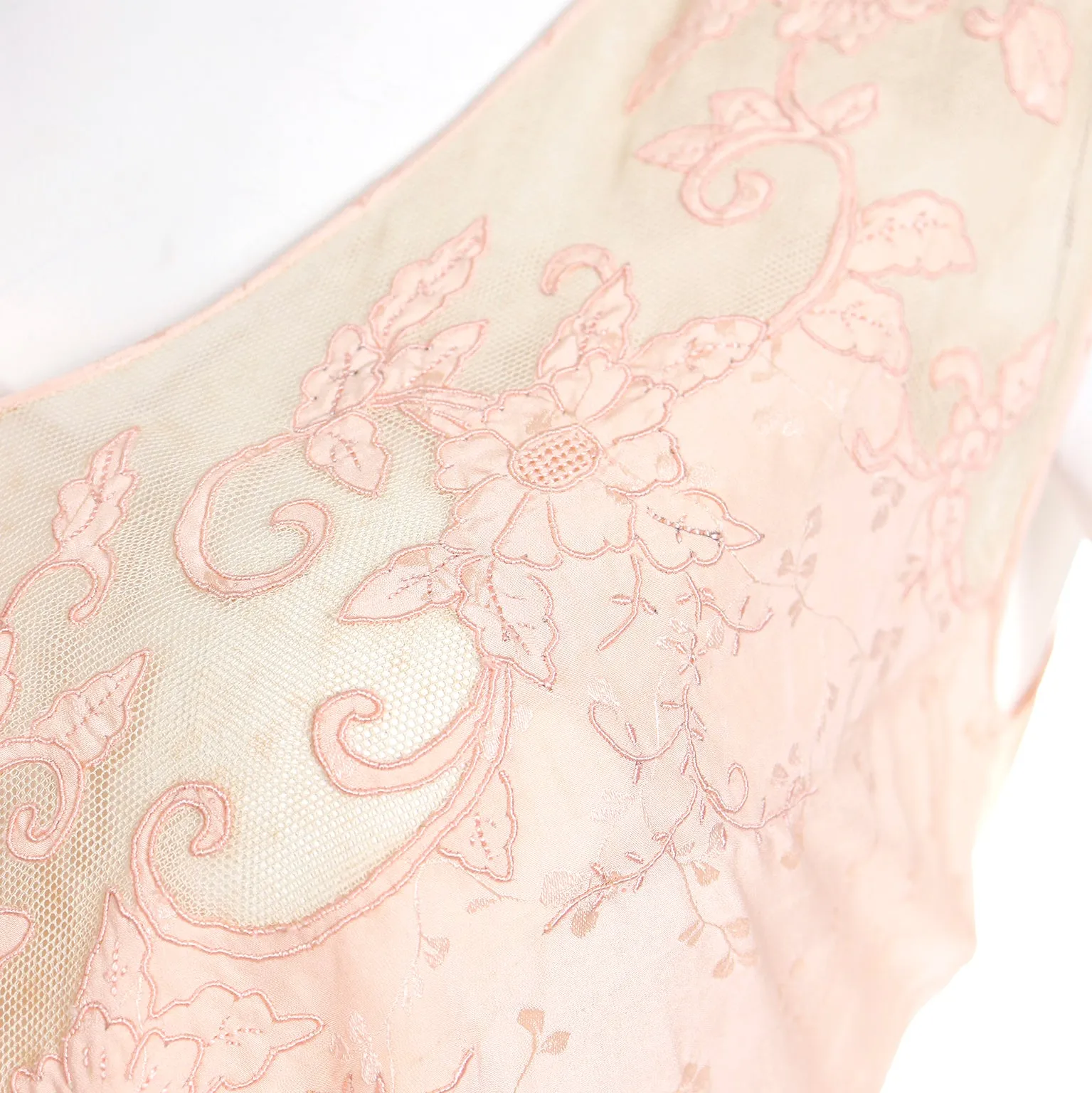 1930s Pink Silk Embroidered Vintage Nightgown W Net & Applique