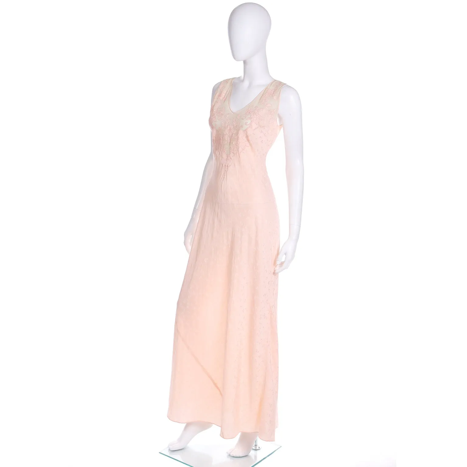1930s Pink Silk Embroidered Vintage Nightgown W Net & Applique