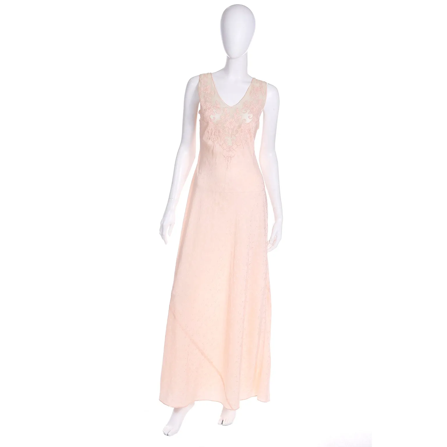 1930s Pink Silk Embroidered Vintage Nightgown W Net & Applique
