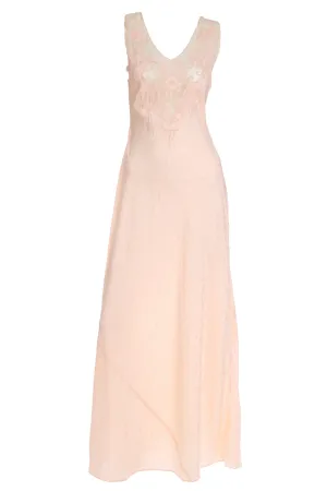 1930s Pink Silk Embroidered Vintage Nightgown W Net & Applique