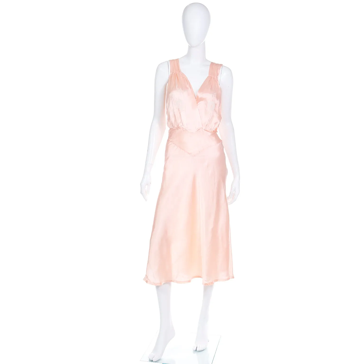 1940s Pink Silk Bias Cut Vintage Nightgown or Dress with Embroidery