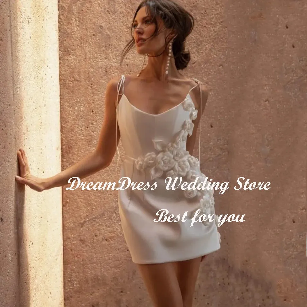 A Line Wedding Second Dress 3D Flowers Satin Backless Sleeveless Bridal Gown