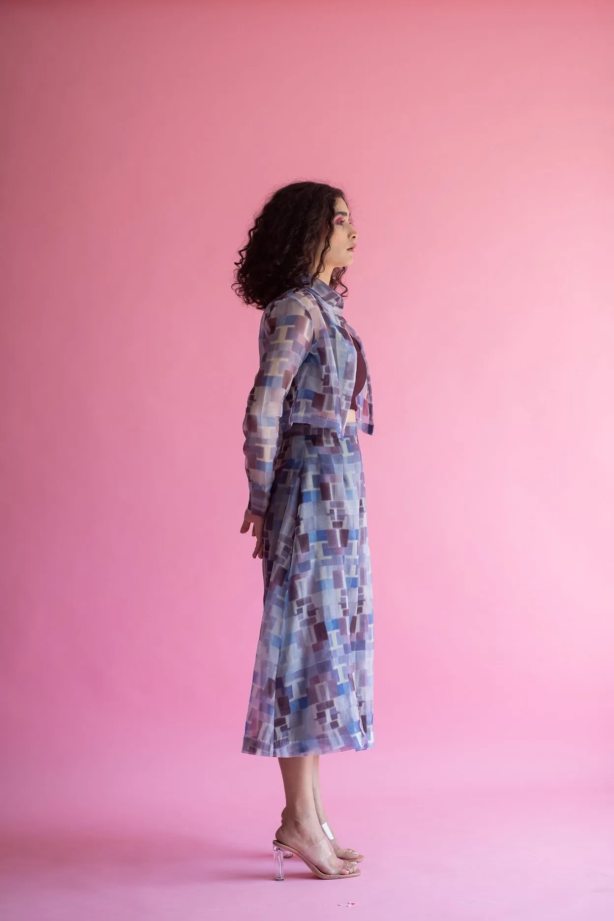 Abstract print organza three-piece co-ord set