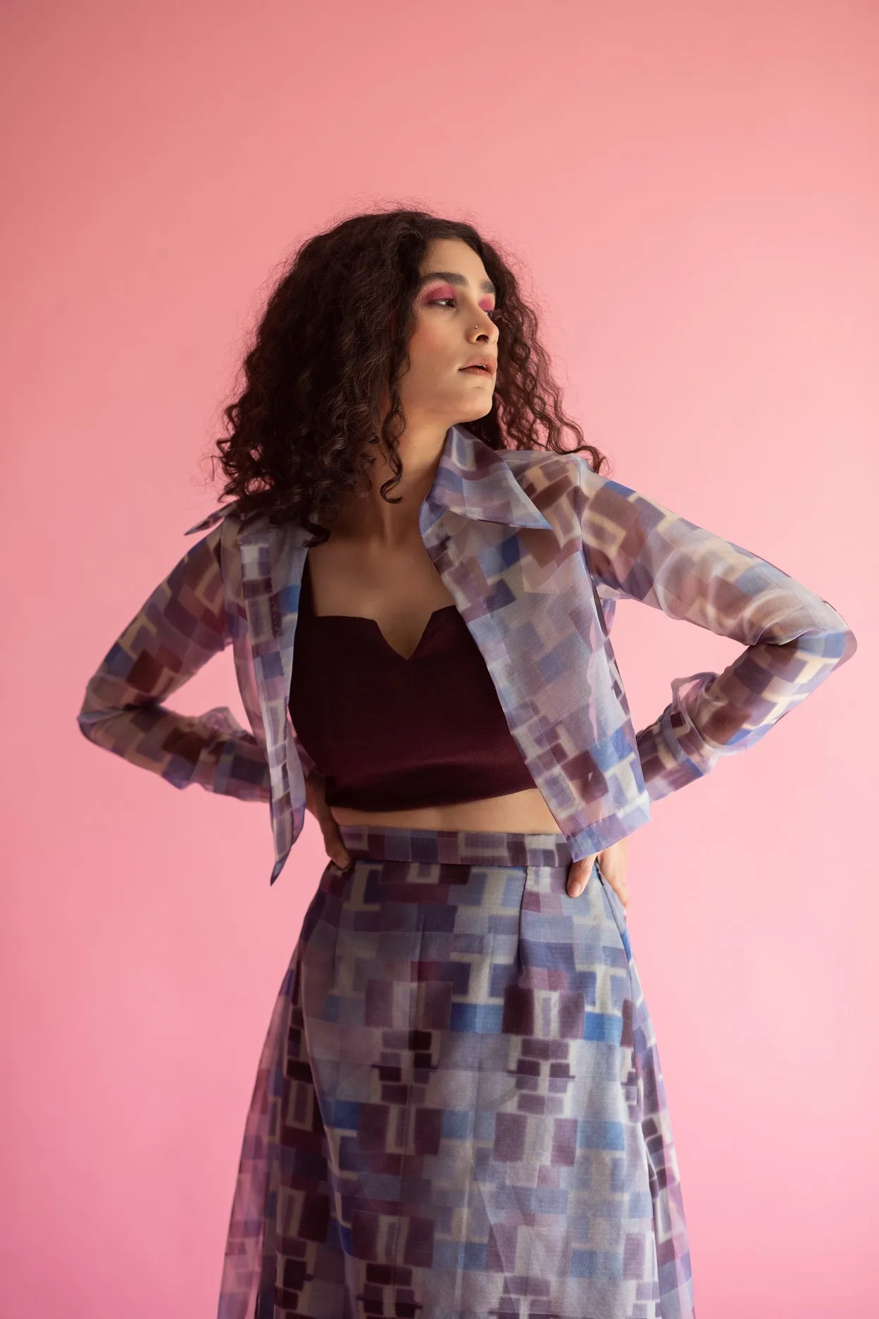 Abstract print organza three-piece co-ord set