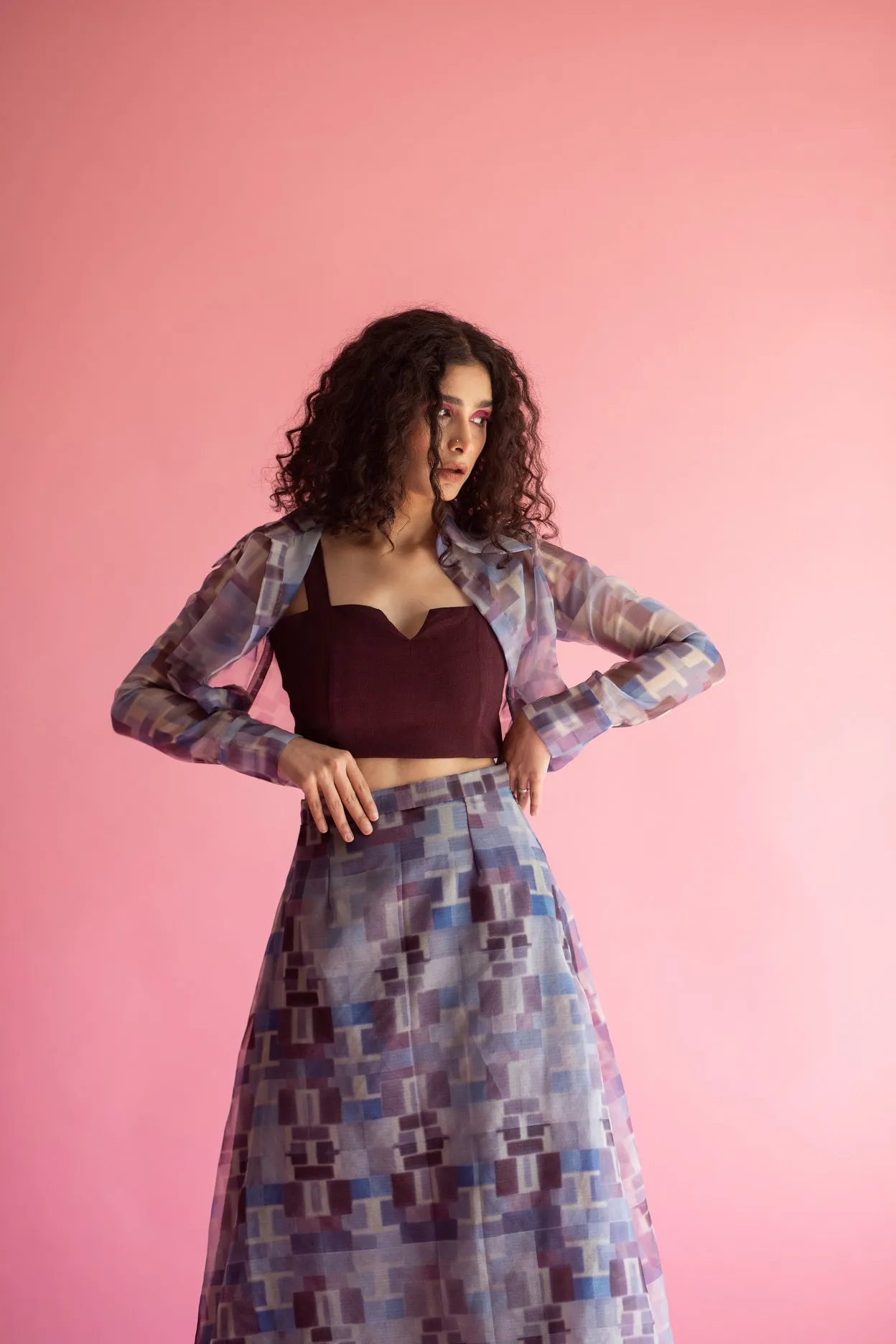 Abstract print organza three-piece co-ord set