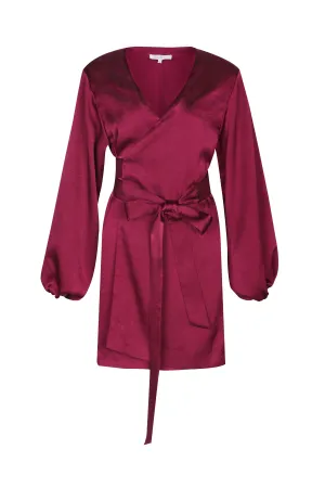Aurora Long Sleeve Satin Wrap Dress- Rouge