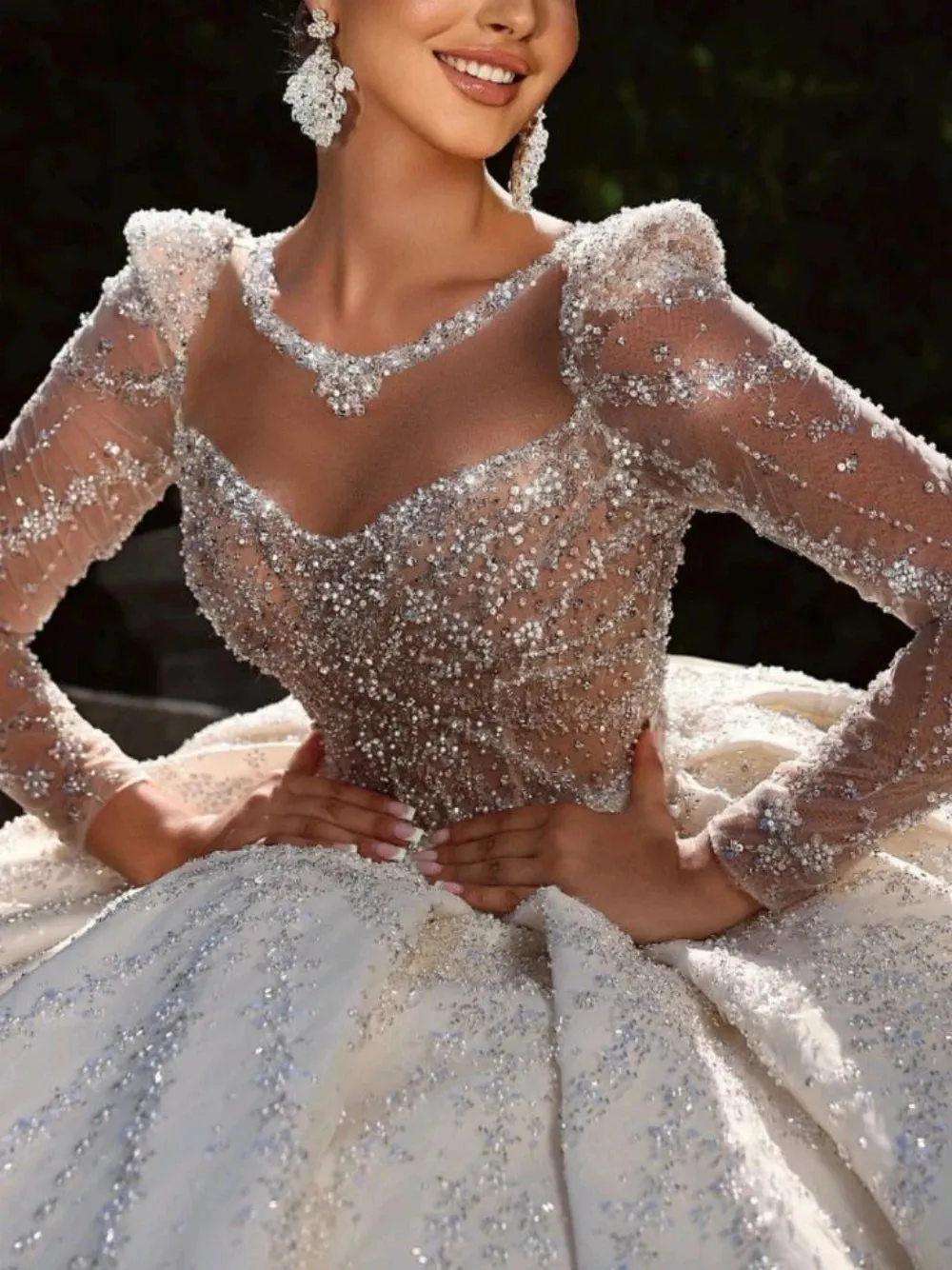 Ball Gown Weeding Dress Shiny Beading Pearls Bride Robe Modest