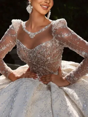 Ball Gown Weeding Dress Shiny Beading Pearls Bride Robe Modest