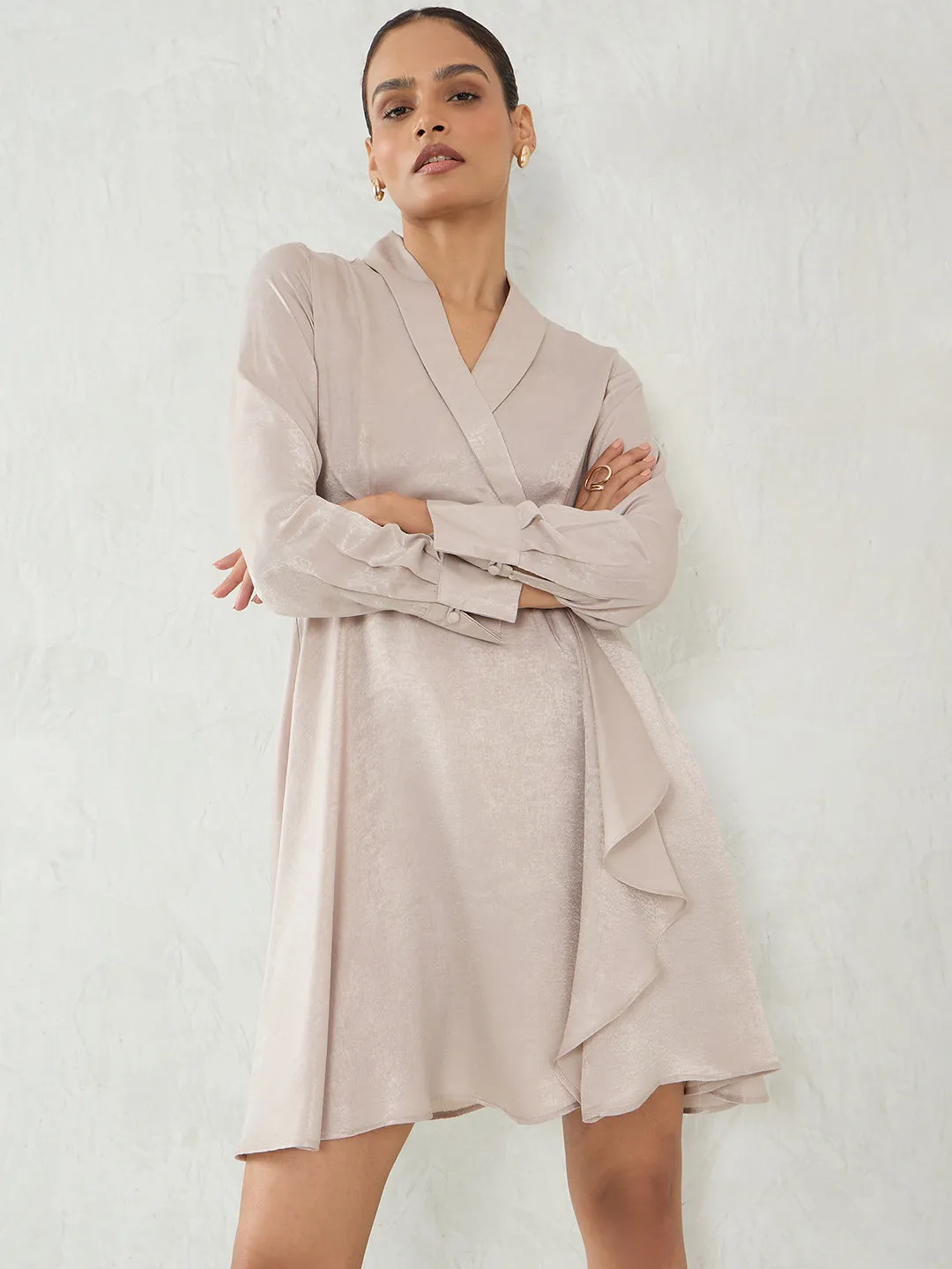 Beige Satin Wrap Mini Dress