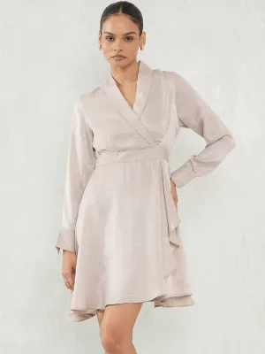 Beige Satin Wrap Mini Dress