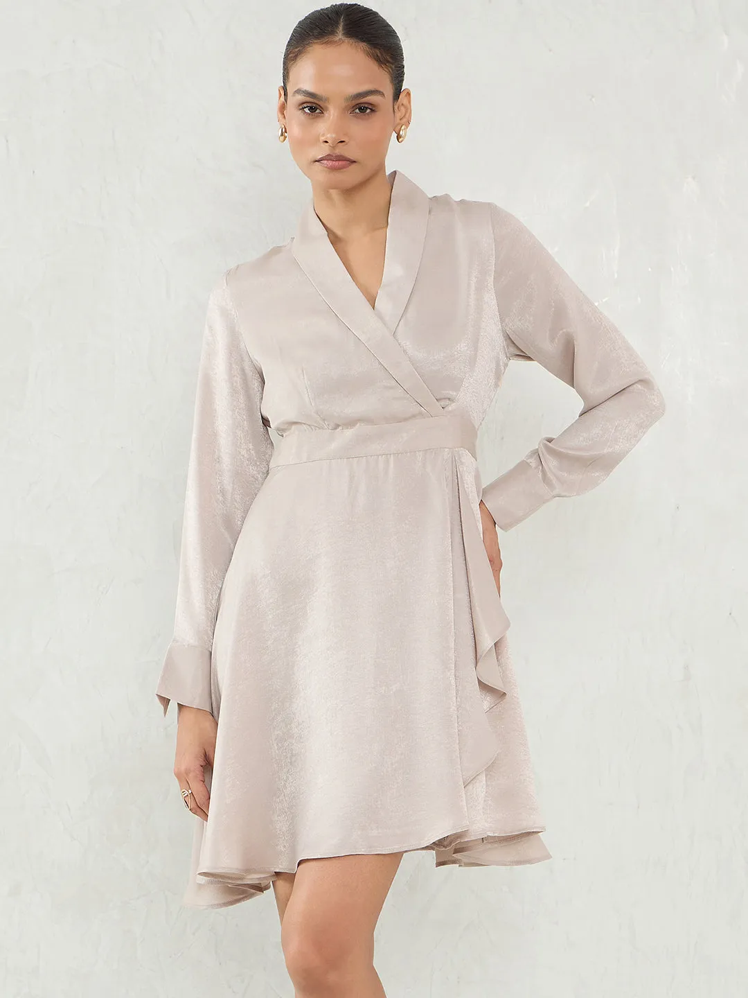 Beige Satin Wrap Mini Dress