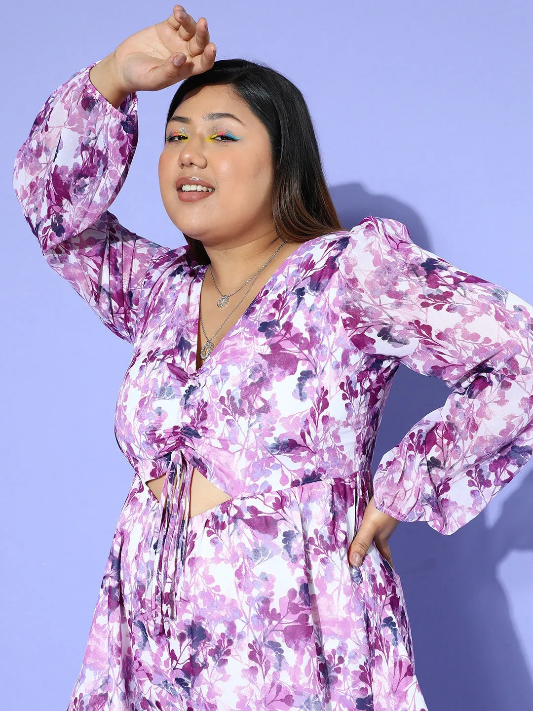 Berrylush Women Plus Size White & Purple Floral Printed V-Neck Front Tie-Up Cutout Pleated Mini Playsuit