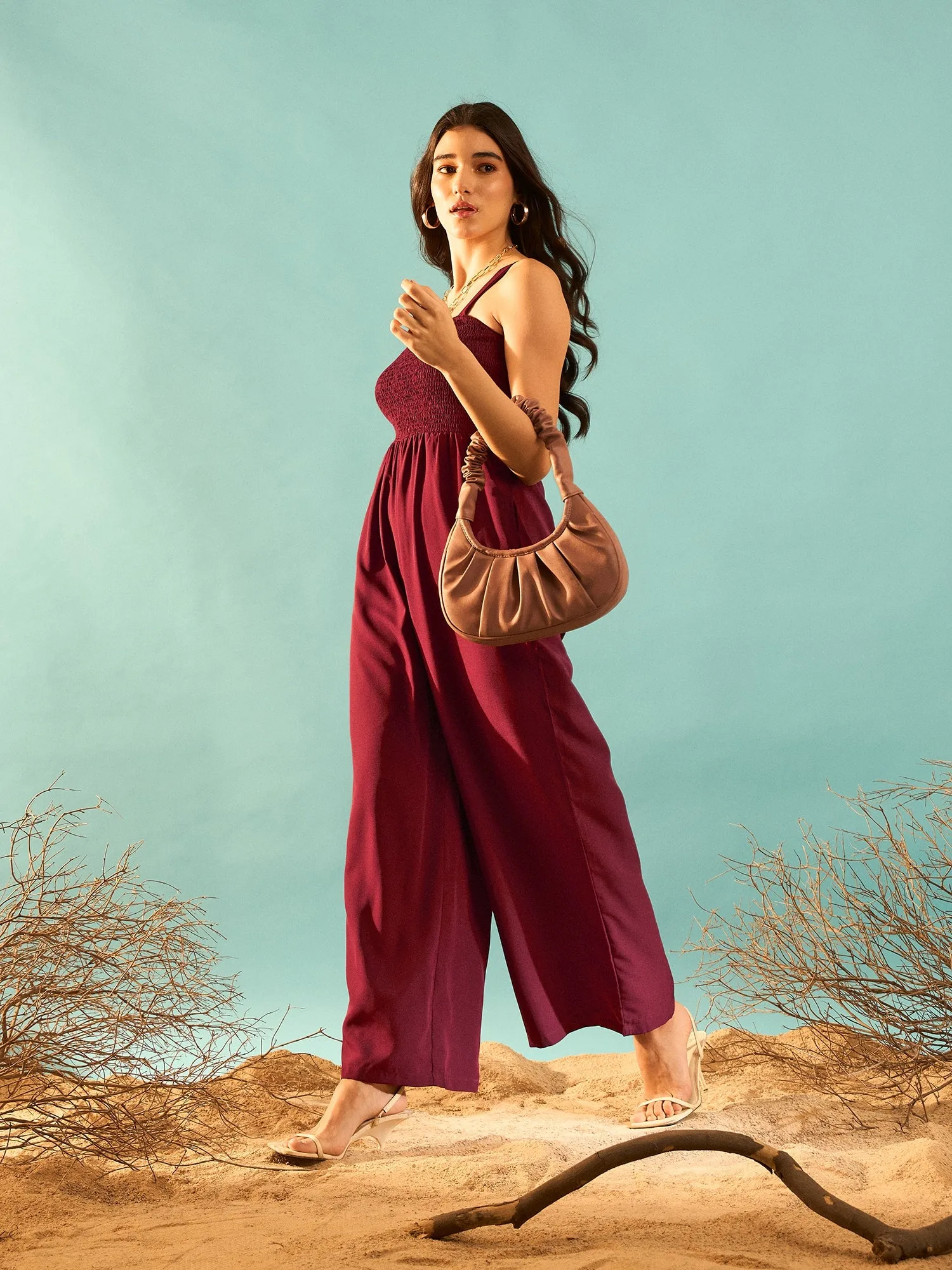 Berrylush Women Solid Maroon Square Neck Sleeveless Slant Pockets Wide Leg Smocked Maxi Jumpsuit