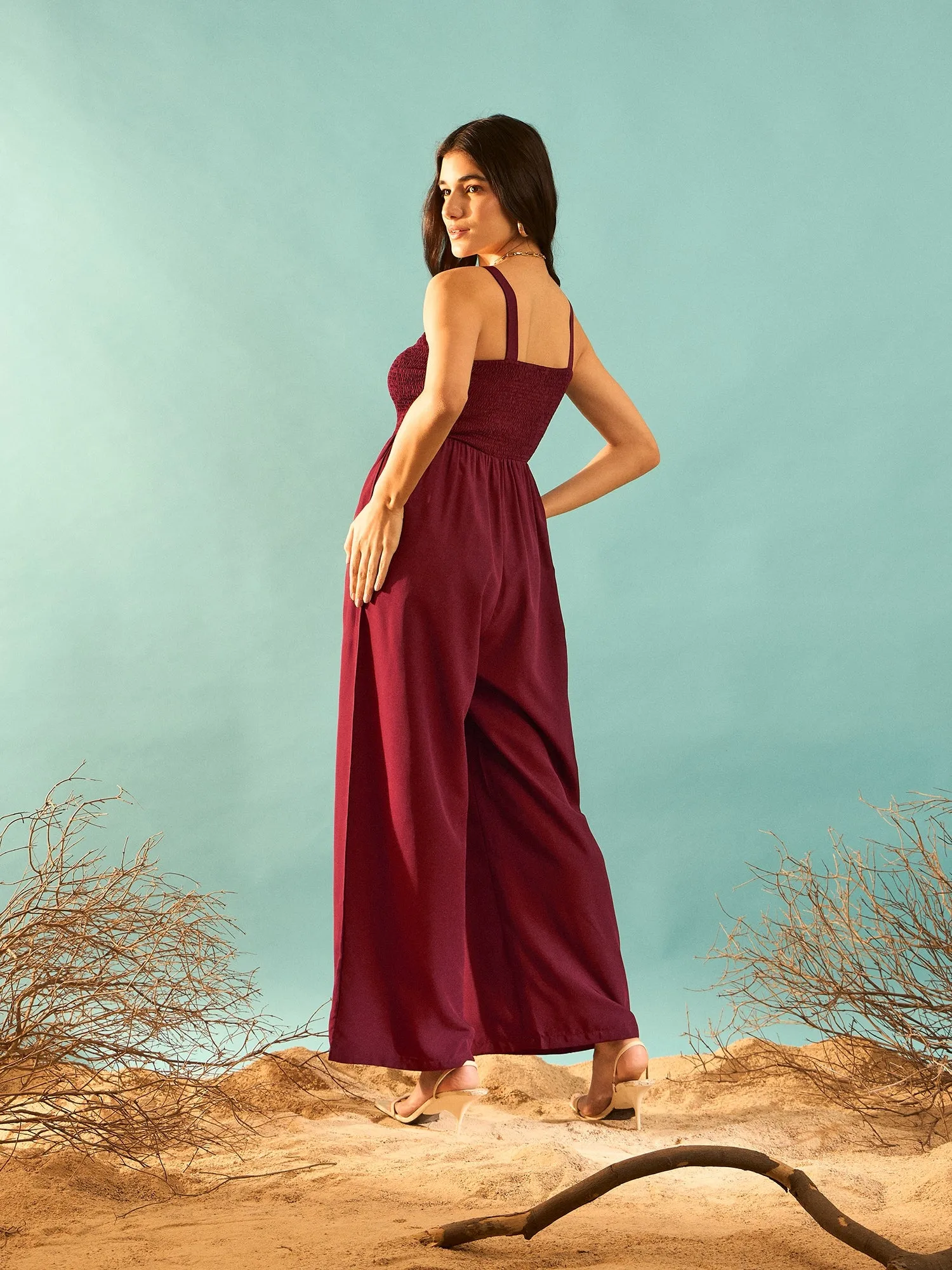 Berrylush Women Solid Maroon Square Neck Sleeveless Slant Pockets Wide Leg Smocked Maxi Jumpsuit