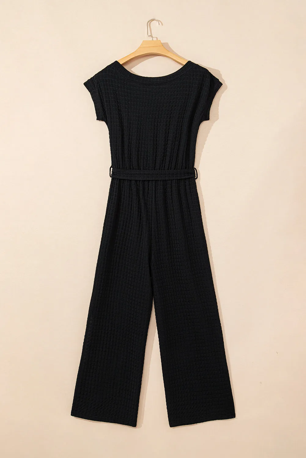Black Checkered Mesh One Shoulder Short Sleeve Knotted Waist Jumpsuit