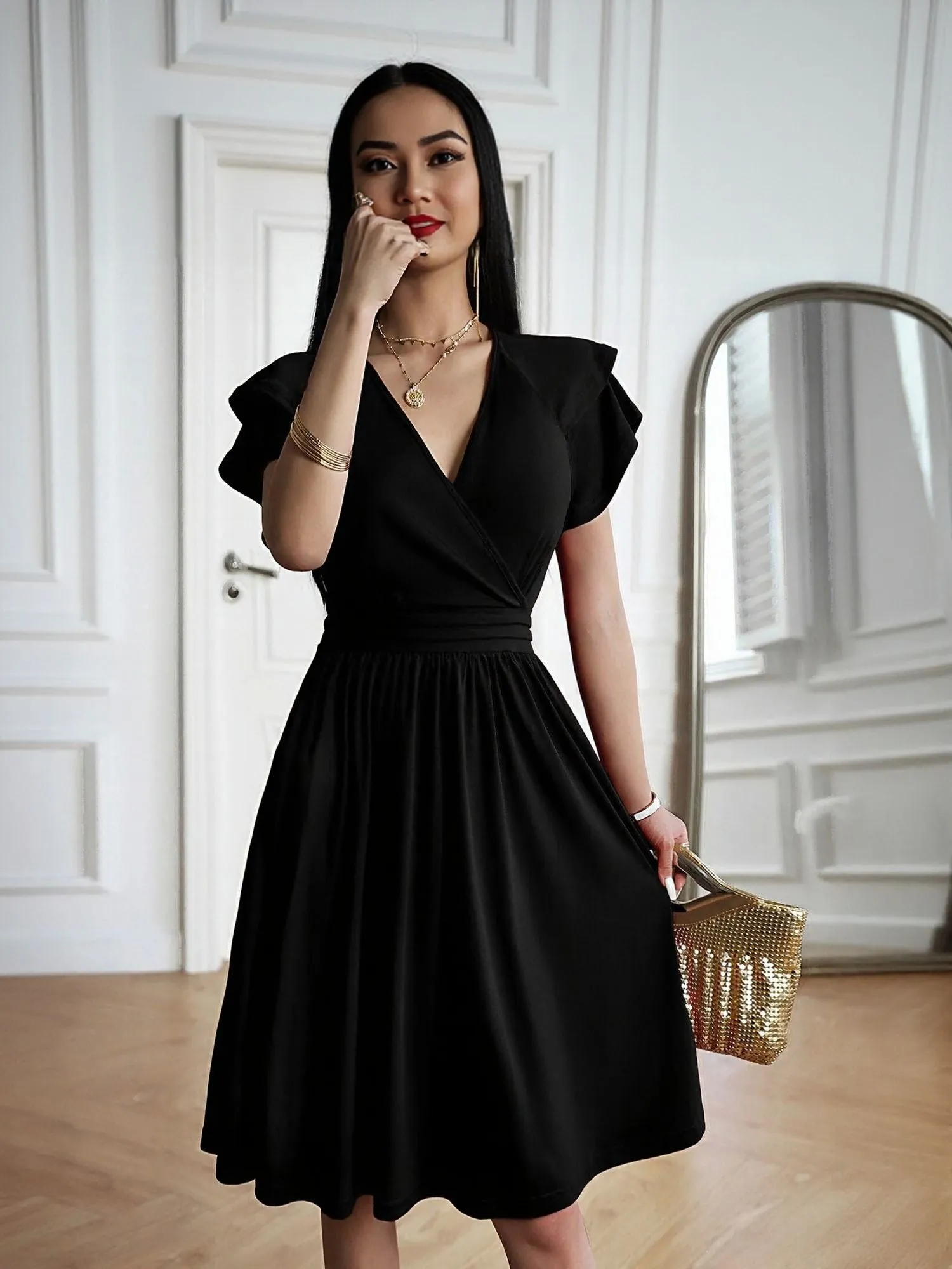 Black Fit And Flare Mini Dress With Ruffle Detail