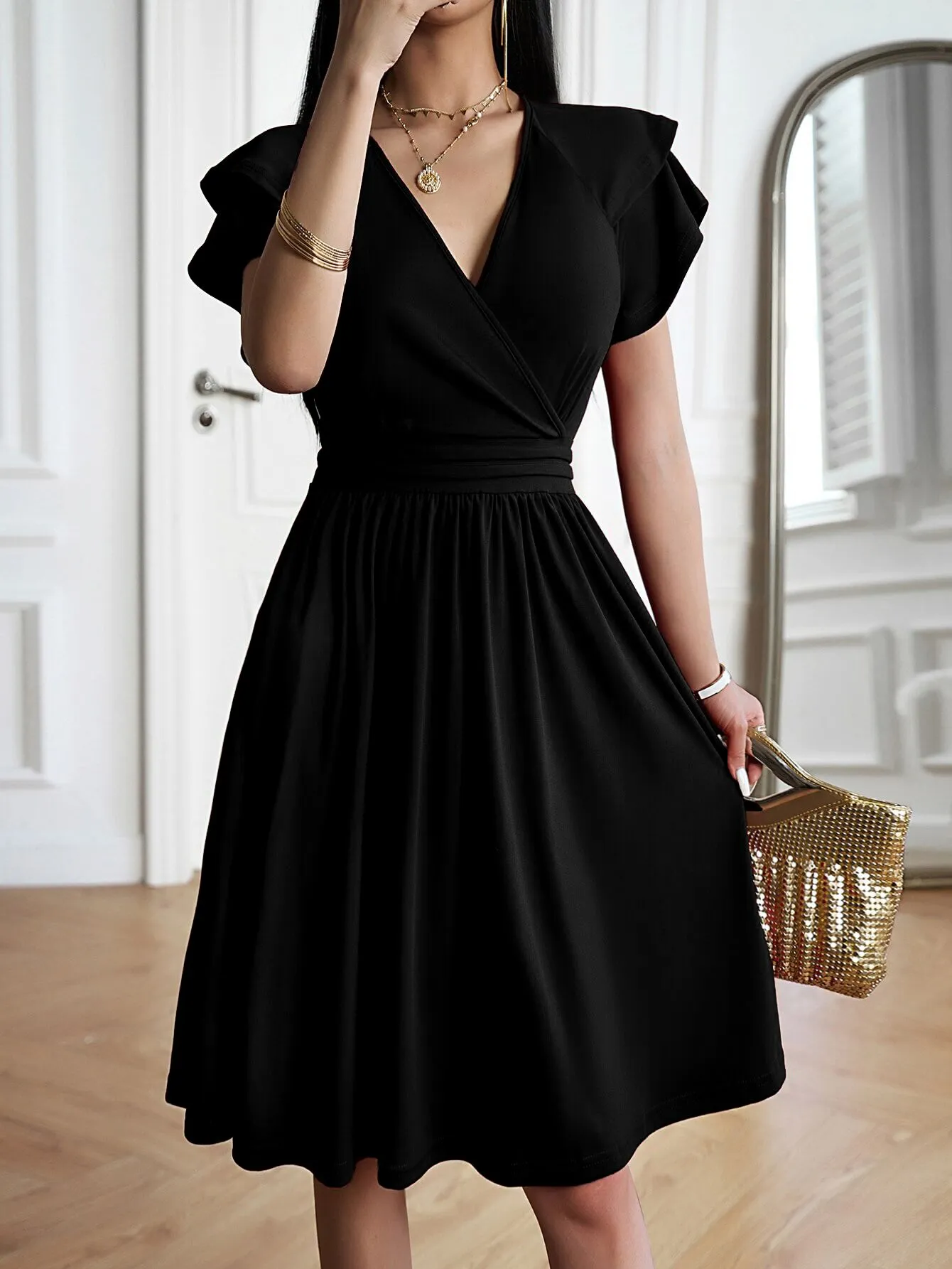 Black Fit And Flare Mini Dress With Ruffle Detail