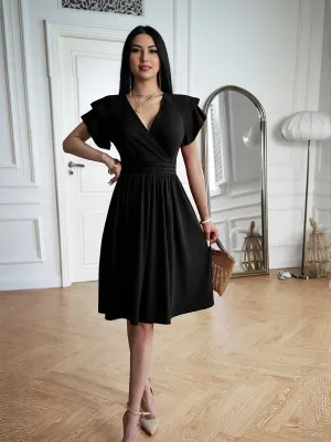 Black Fit And Flare Mini Dress With Ruffle Detail