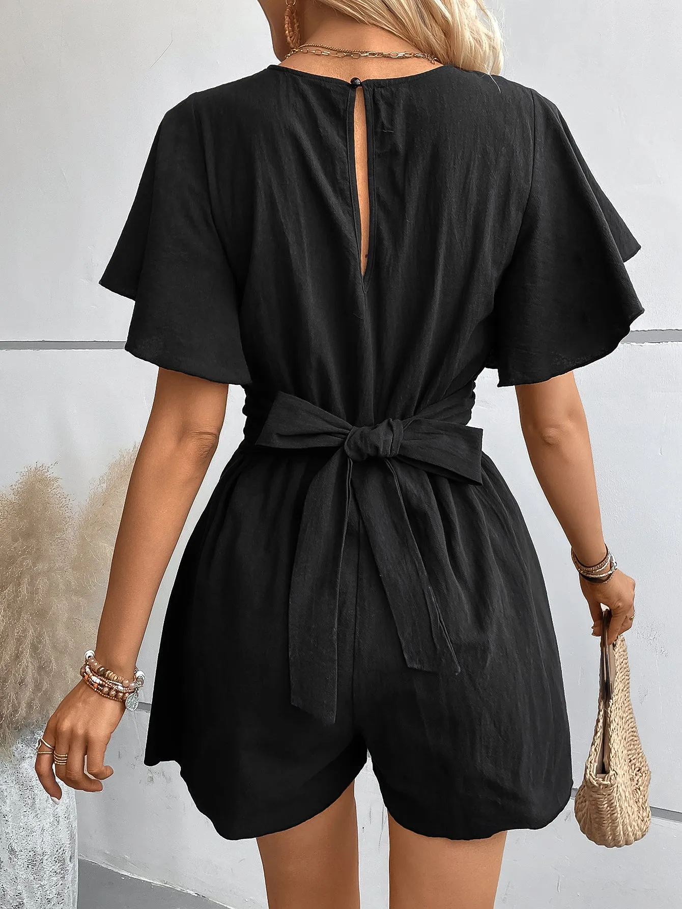 Black Knot Detail Romper With Flared Sleeve