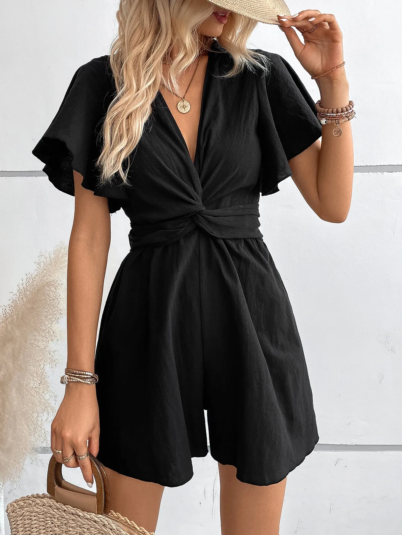 Black Knot Detail Romper With Flared Sleeve