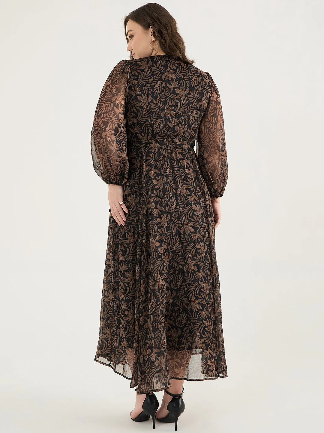 Black Leaf Print Wrap Maxi Dress