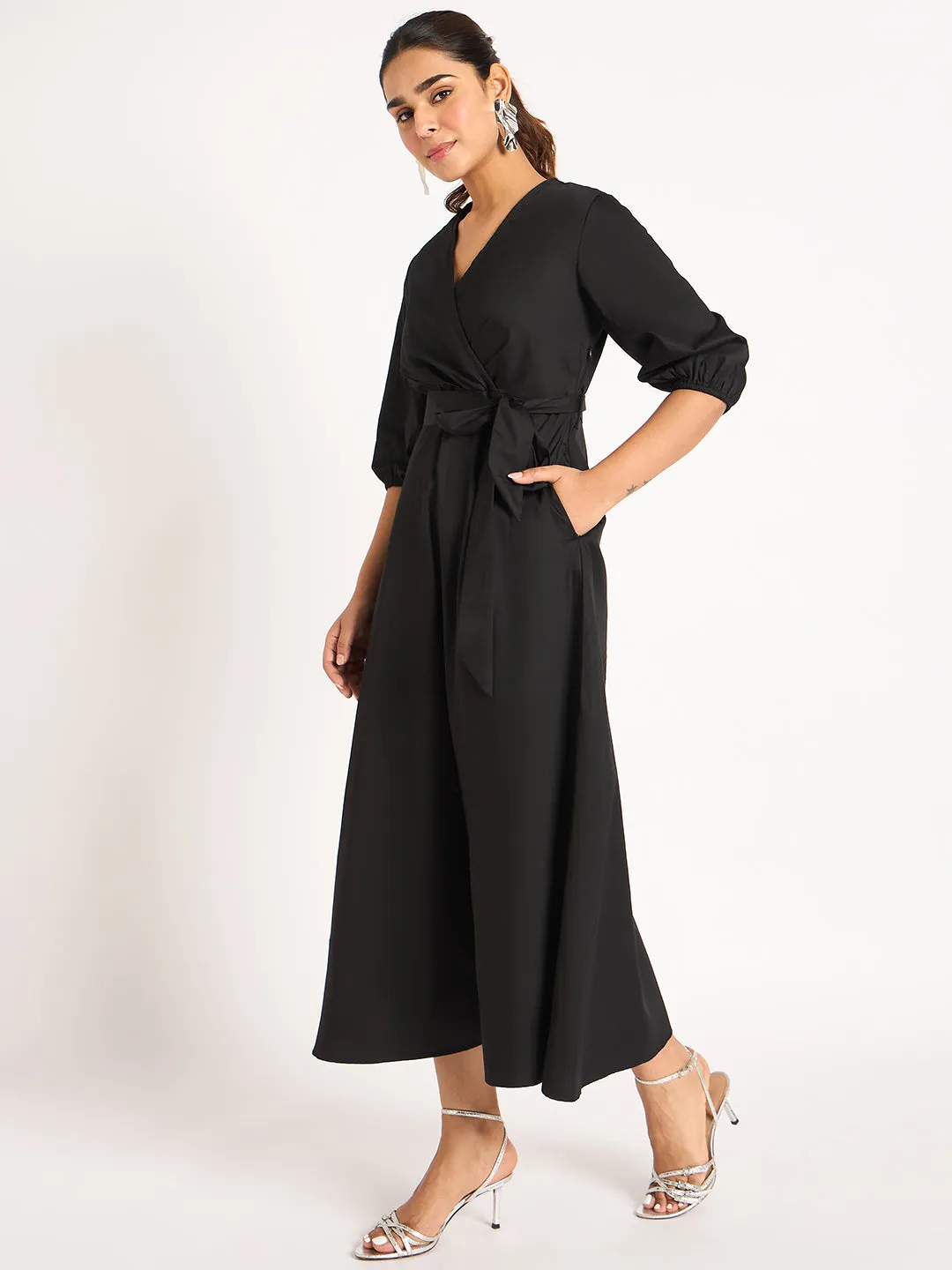 Black Pleat Detail Wrap Maxi Dress