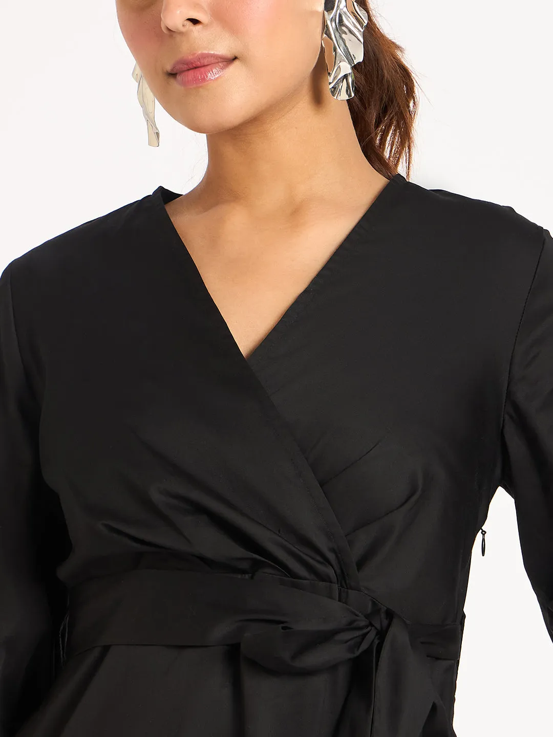 Black Pleat Detail Wrap Maxi Dress