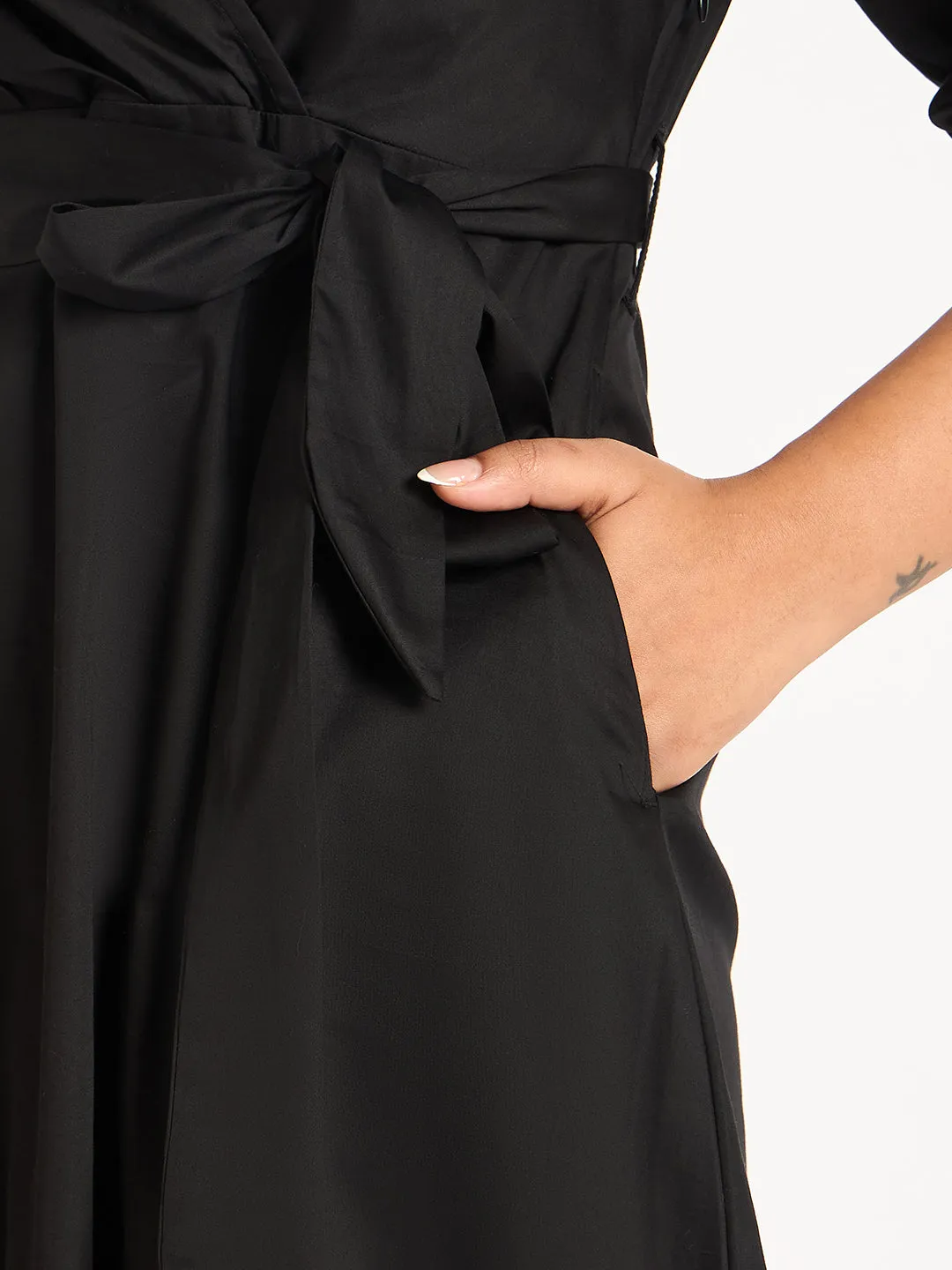 Black Pleat Detail Wrap Maxi Dress