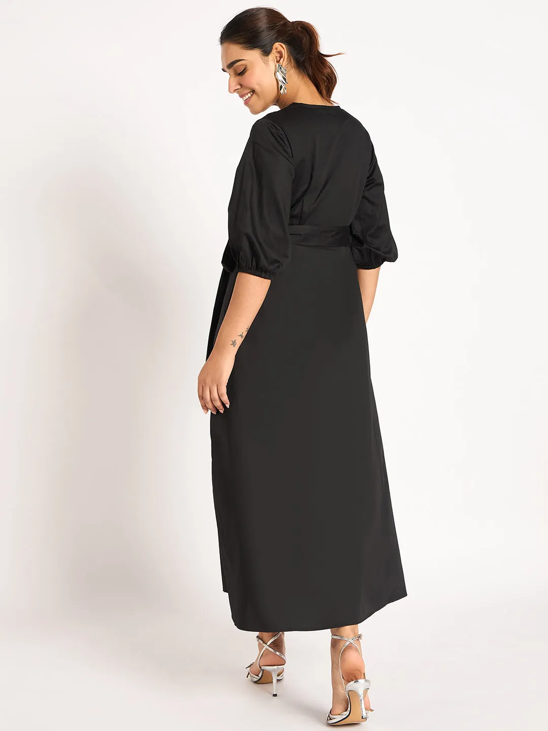 Black Pleat Detail Wrap Maxi Dress