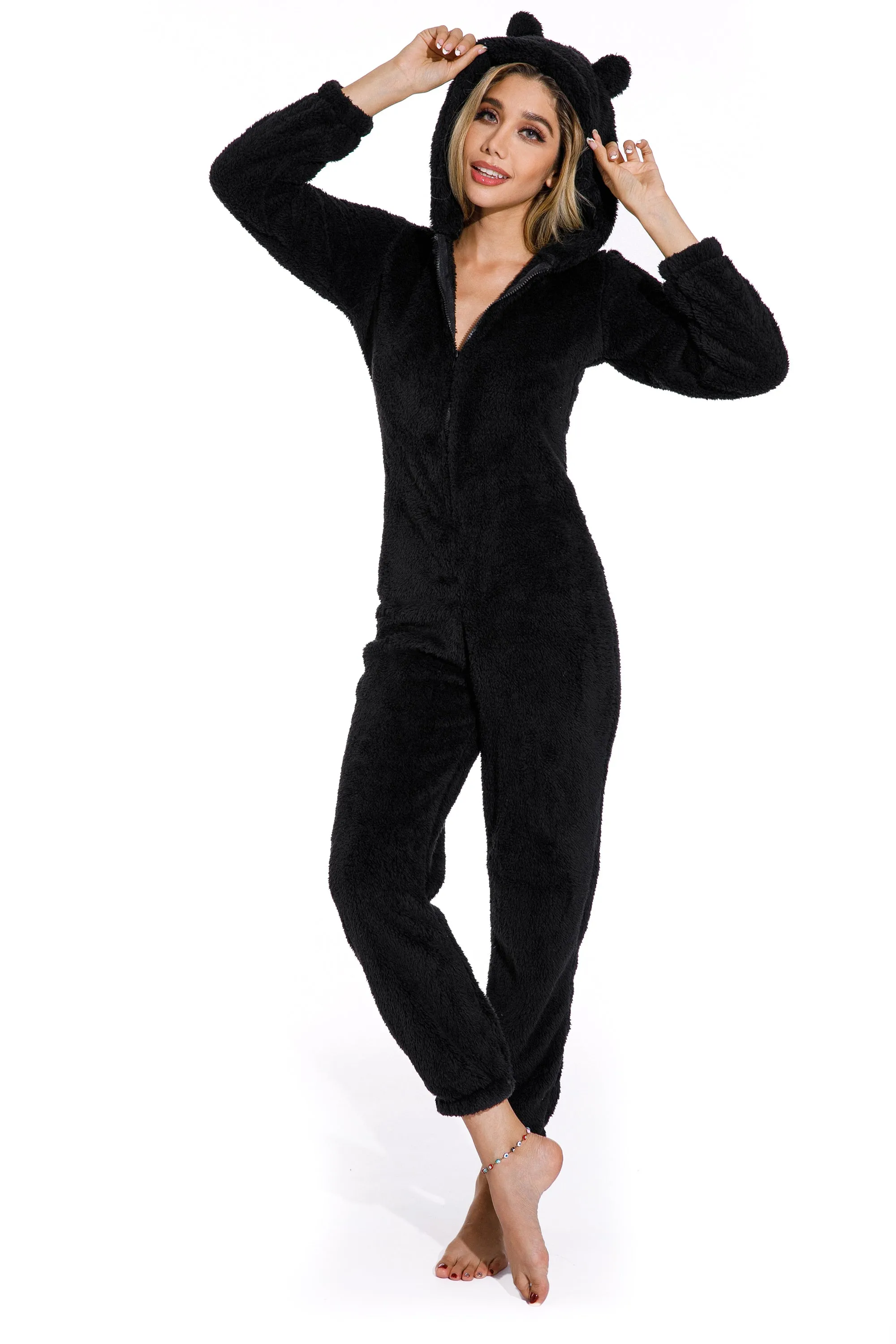 Black-Plus Size Winter Hooded Sleepwear for women