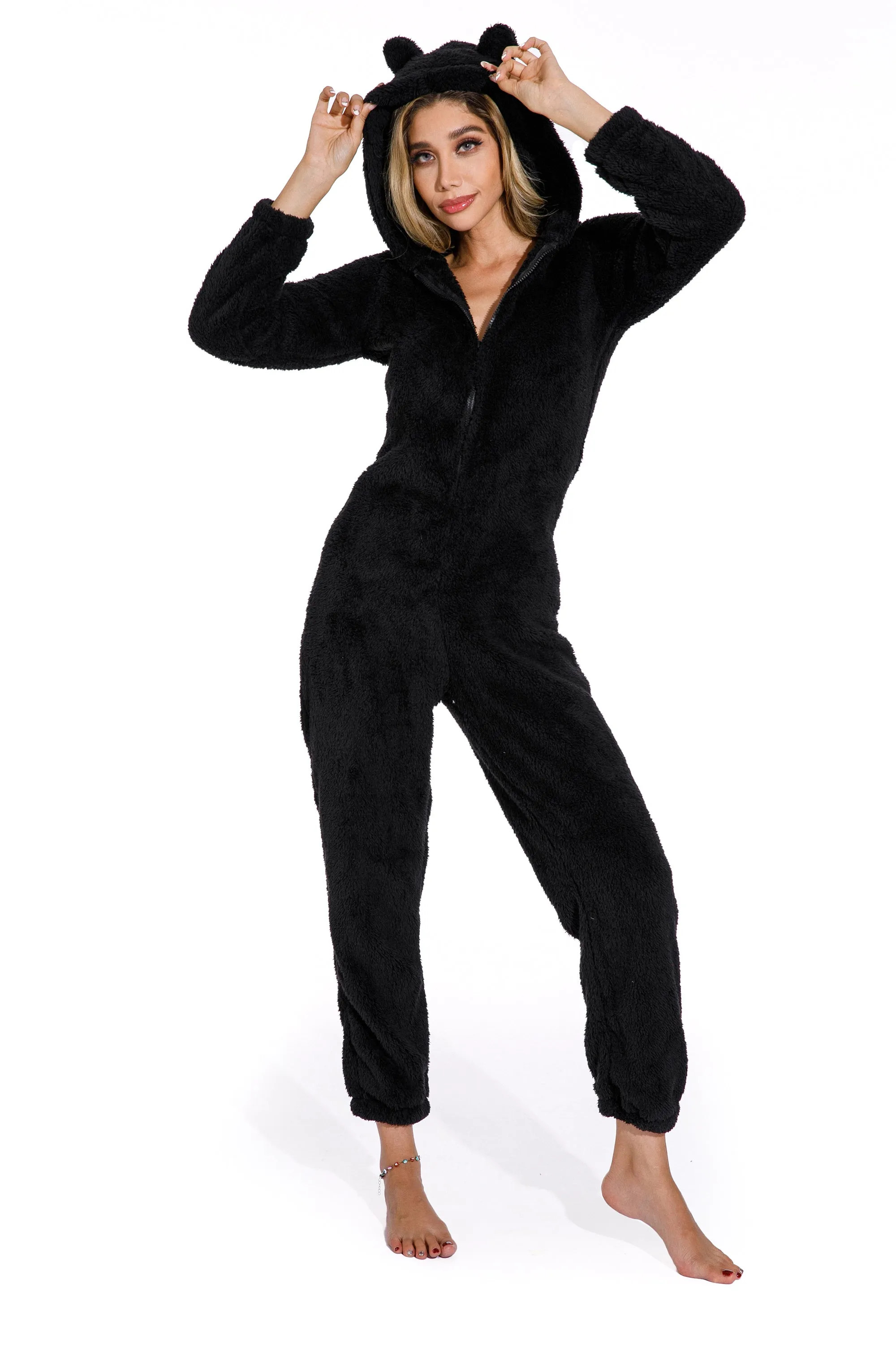 Black-Plus Size Winter Hooded Sleepwear for women