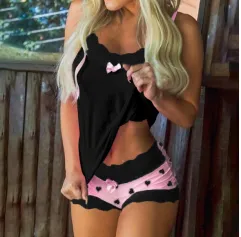 Black-Summer Women Sleeveless top and Shorts Sleepwear Suit