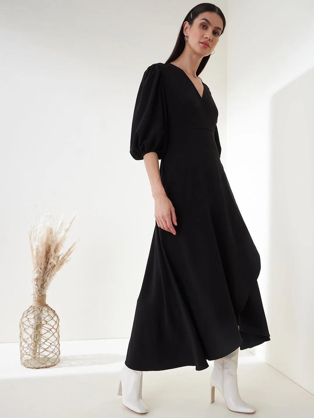 Black Wrap Ruffle Maxi Dress