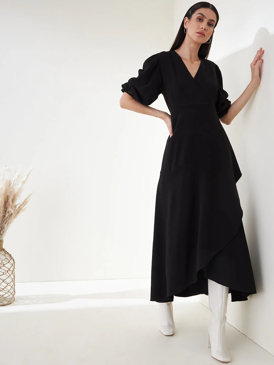 Black Wrap Ruffle Maxi Dress