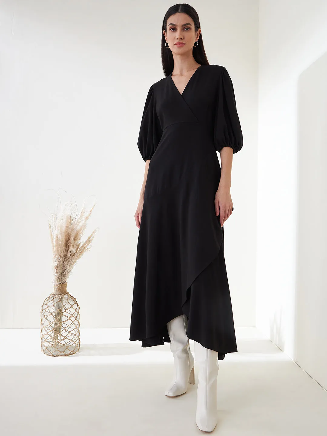 Black Wrap Ruffle Maxi Dress