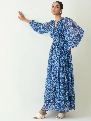 Blue Floral Print Wrap Maxi Dress