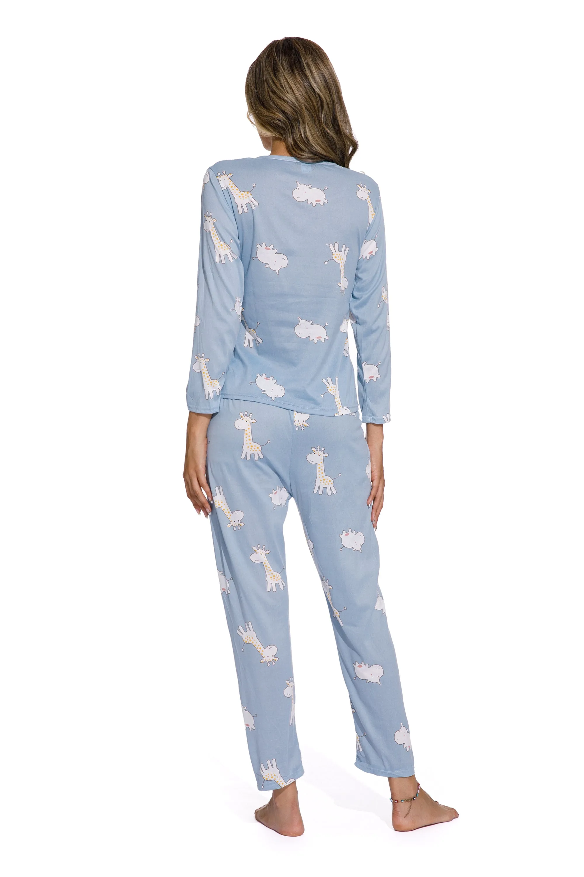 Blue-Long sleeve Giraffe Print Sleepsuit