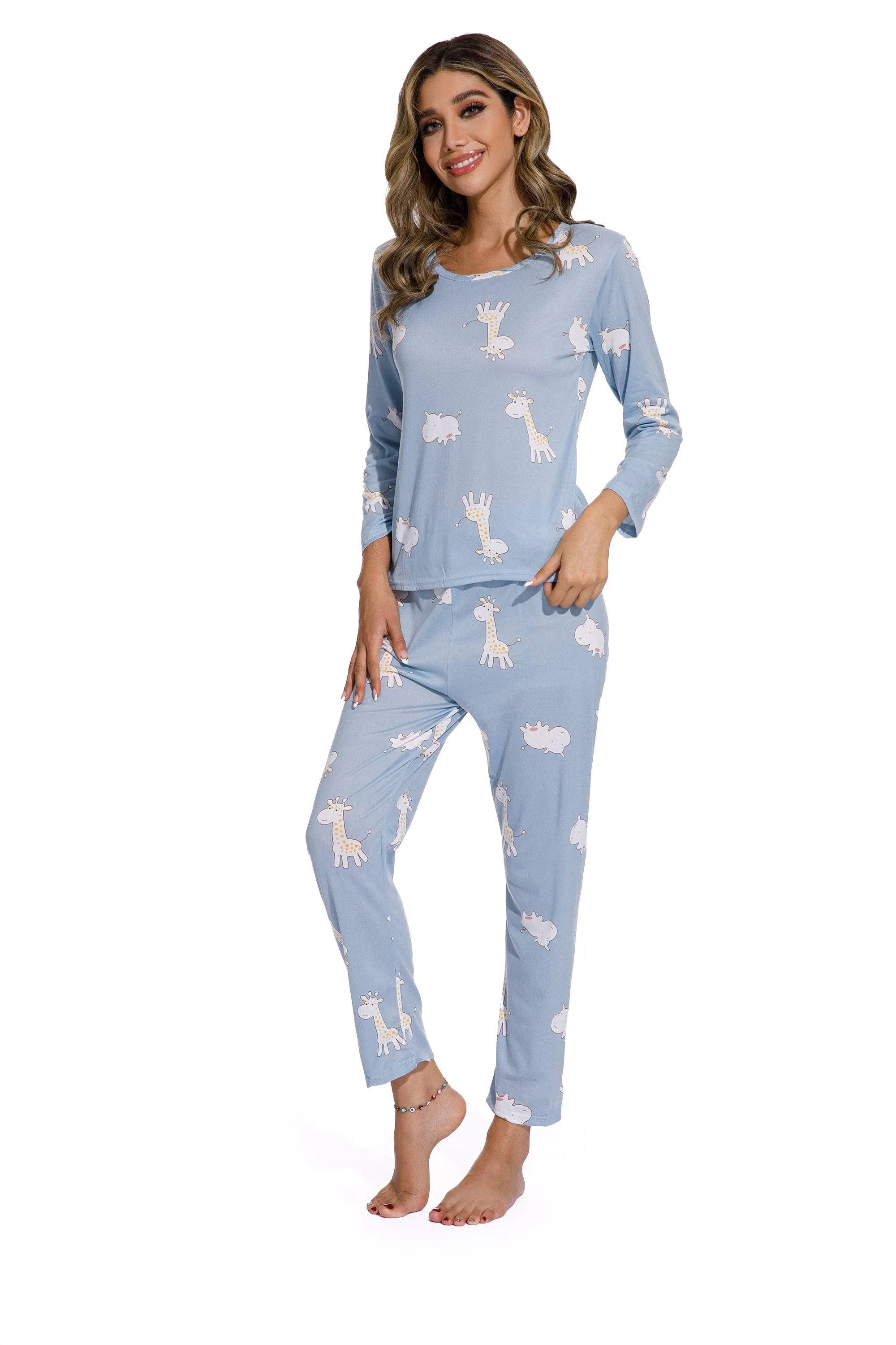 Blue-Long sleeve Giraffe Print Sleepsuit