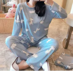 Blue-Long sleeve Giraffe Print Sleepsuit