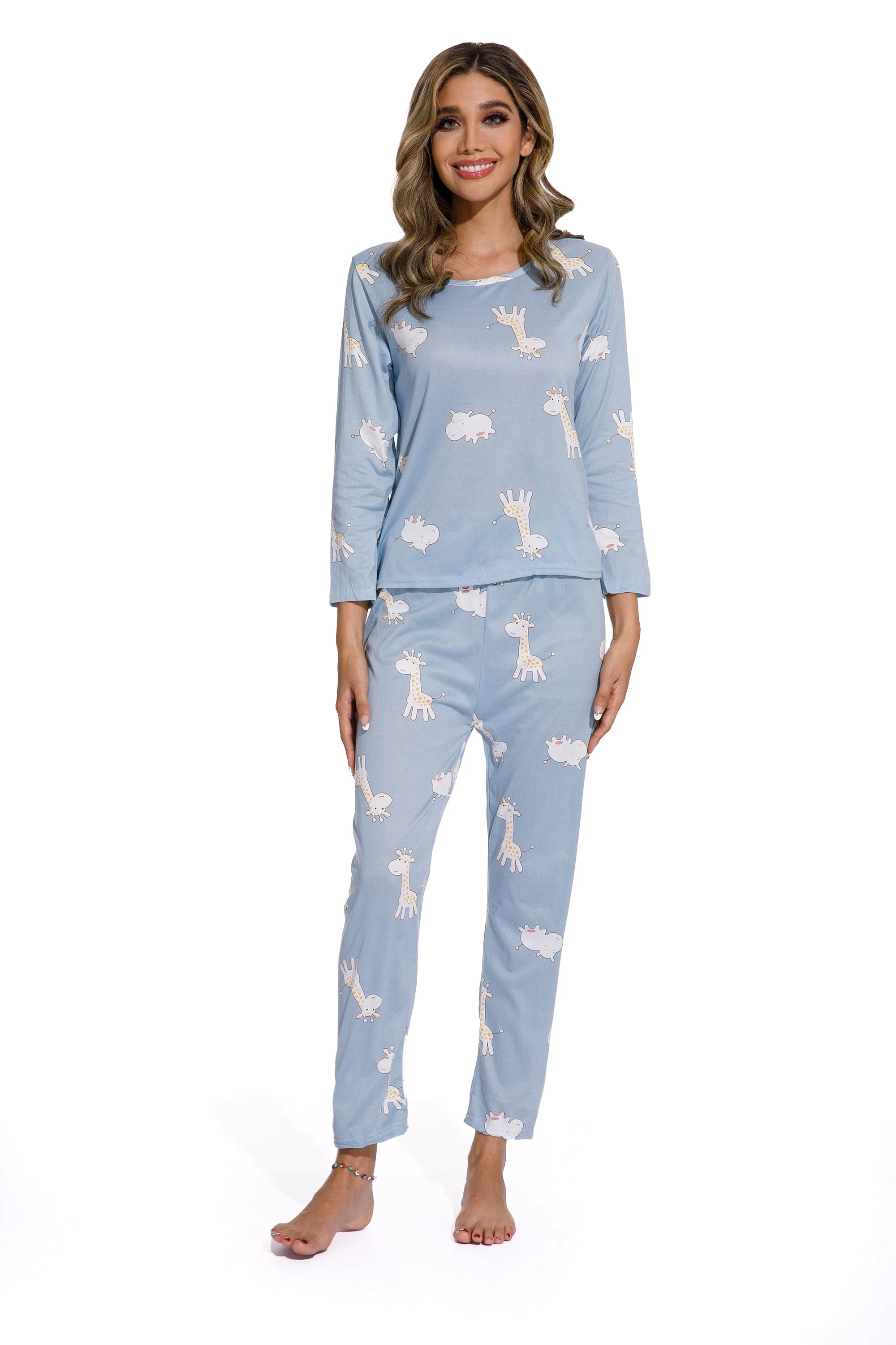 Blue-Long sleeve Giraffe Print Sleepsuit