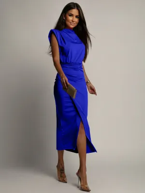 Blue Power Shoulder High Neck Dress