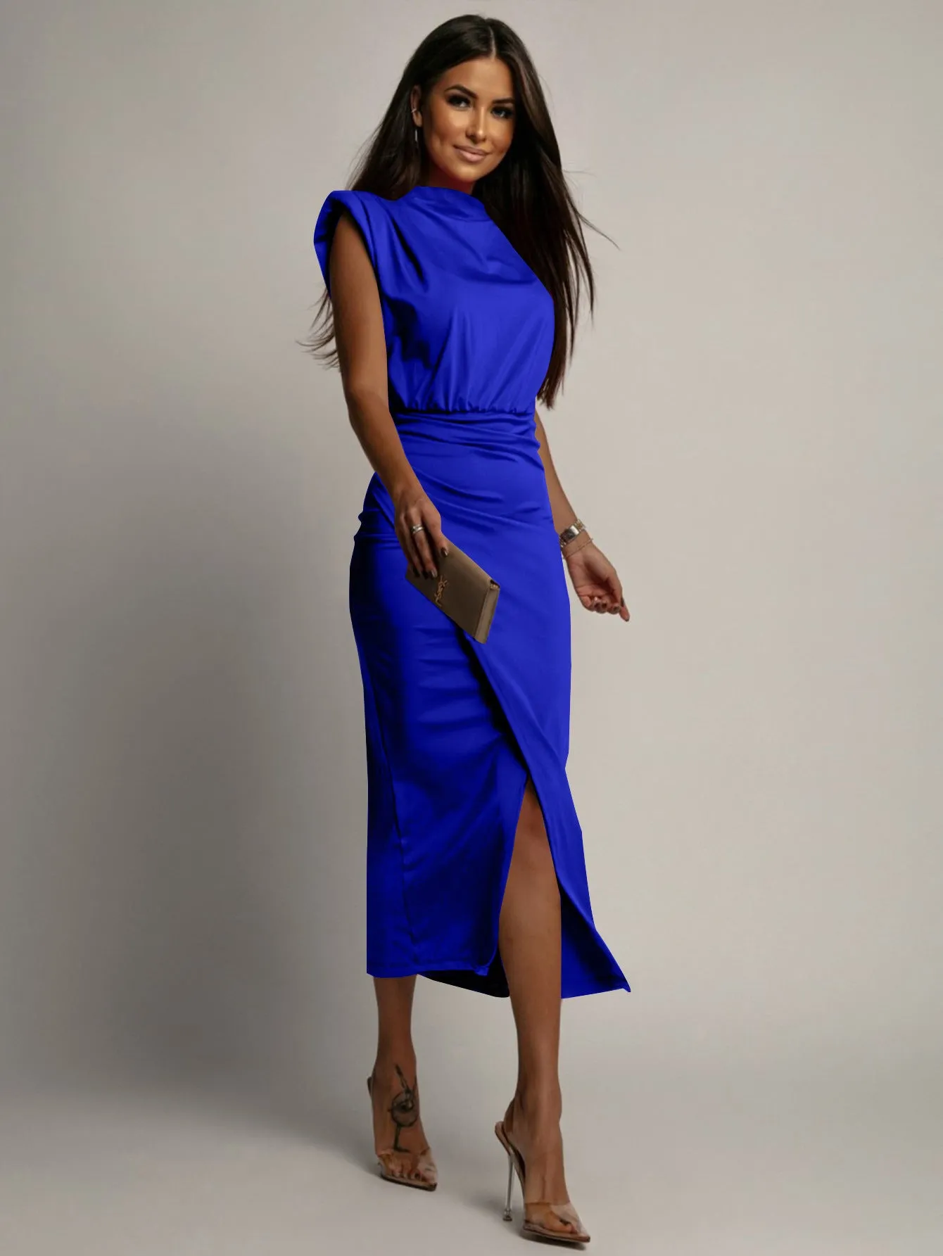 Blue Power Shoulder High Neck Dress