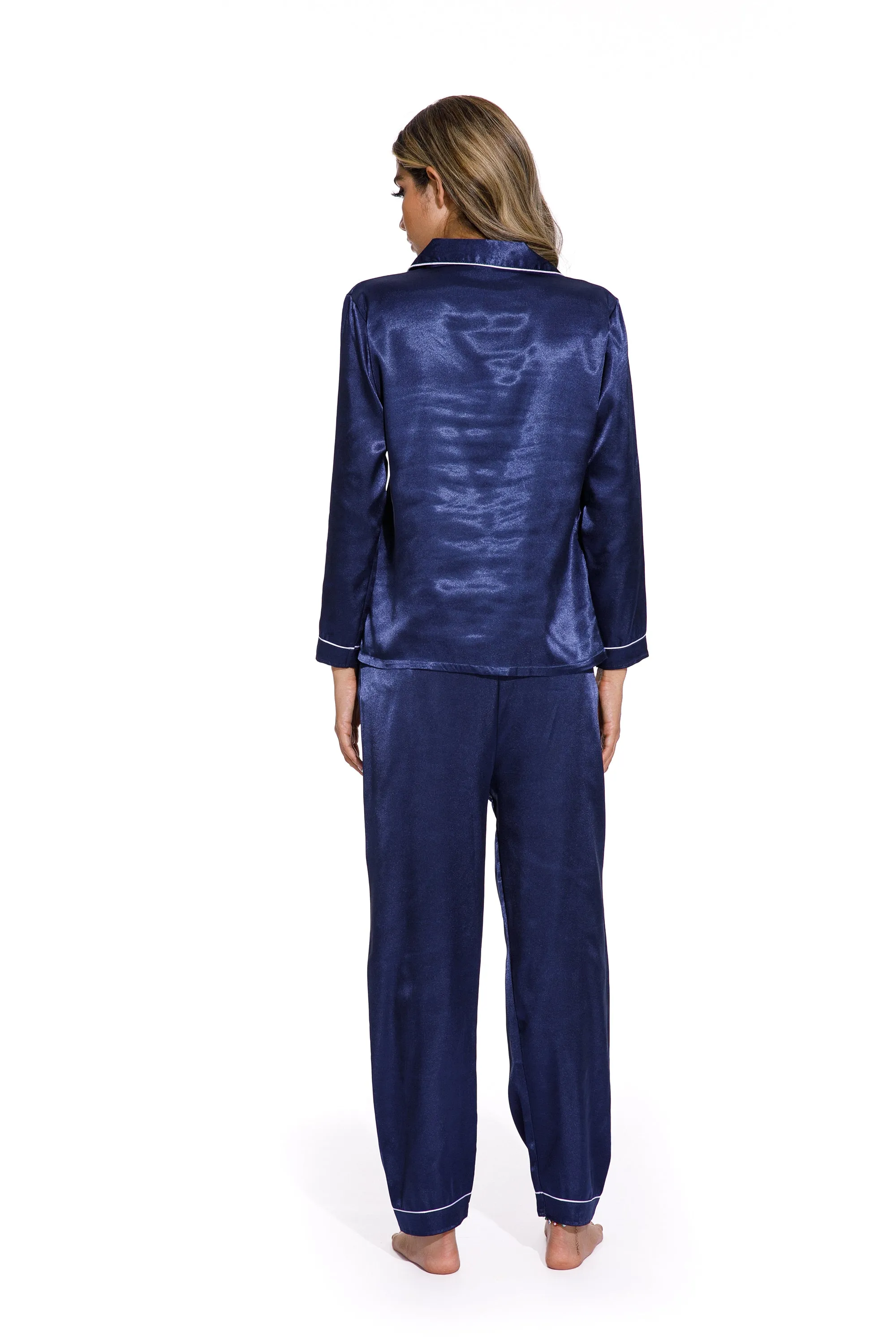 Blue-Spring Autumn Long Sleeve Women Pure Color Like Silk Sleepsuit