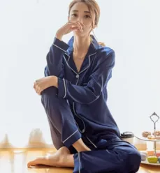 Blue-Spring Autumn Long Sleeve Women Pure Color Like Silk Sleepsuit