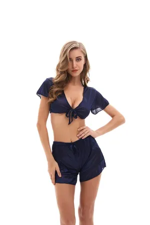 Blue Transparent Sleepwear for Women - See Thru Lace 2 Piece Nightwear Lingerie Set with